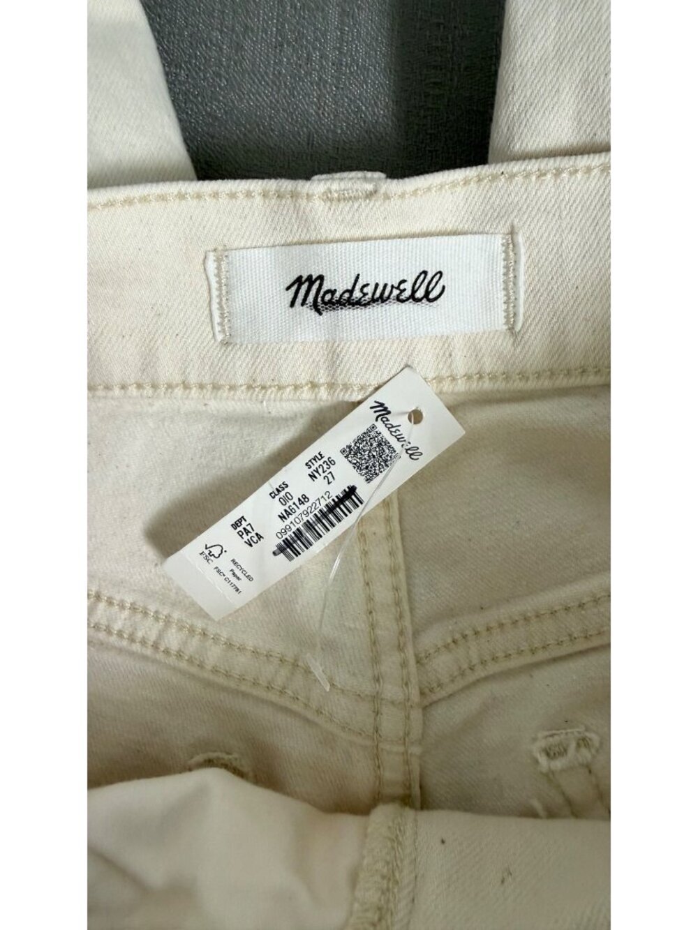Madewell The Longline Straight Jean Cream Vintage Canvas Size 27 Stretch - Picture 6 of 16